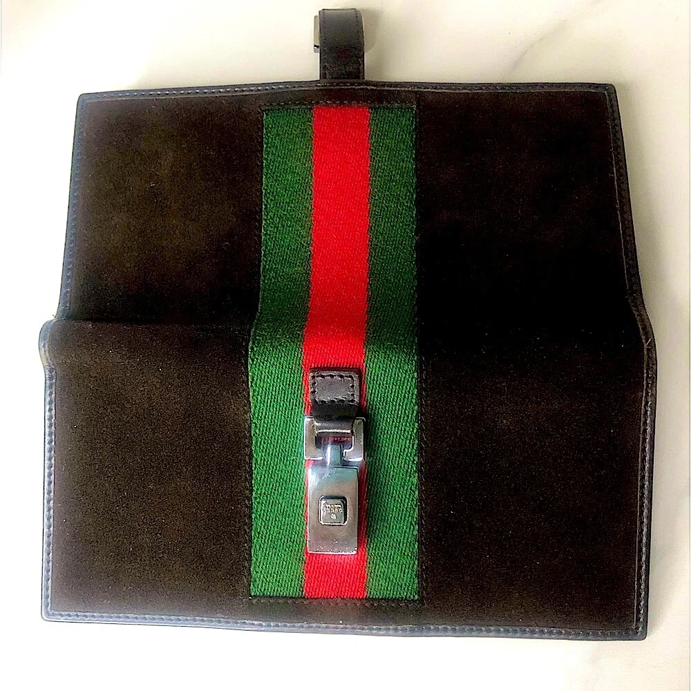 GUCCI Brown Suede Jackie Wallet with Red and Green Sherryline Stripe